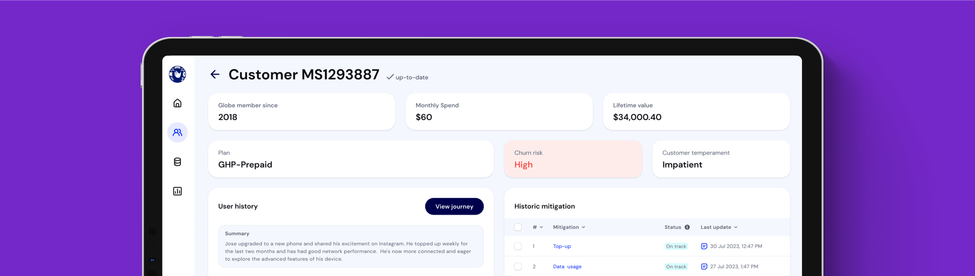 Next Best Experience platform's customer profile screen that provides personalized insights and preferences for enhanced user engagement